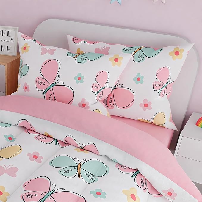 SANDJEST Butterfly Twin Bedding Sets for Girls, Ultra Soft Microfiber Comforter Set with 3-Pieces, Bed Sets for Kid Tween Teen Bedroom Decor