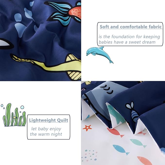 PERFEMET 4 Pieces Twin Bed in A Bag Navy Blue Ocean Animal Themed Kids Comforter Set for Boys Girls Soft Reversible Marine Life Bed Set with Kids Sheets(Navy Blue, Sharks/Dolphins/Fish)