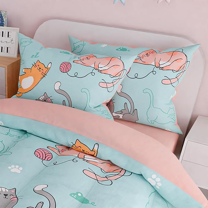SANDJEST Cat Comforter Set Full for Girls, Ultra Soft Microfiber Bedding Sets with 4-Pieces, Cats Comforters Bed Sets for Kids Children Girl Bedroom Decor