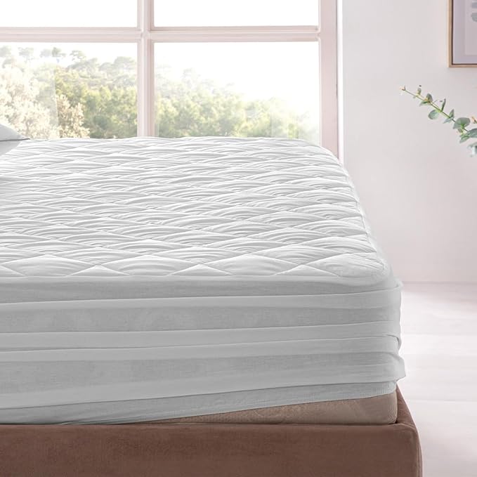 YATAS BEDDING Perle Quilted Fitted Mattress Protector, Machine Washable and Easy Care, Superior Protection and Comfort,100% Cotton Breathable top, White (Full) - 55"x75" - 14" Deep Pocket