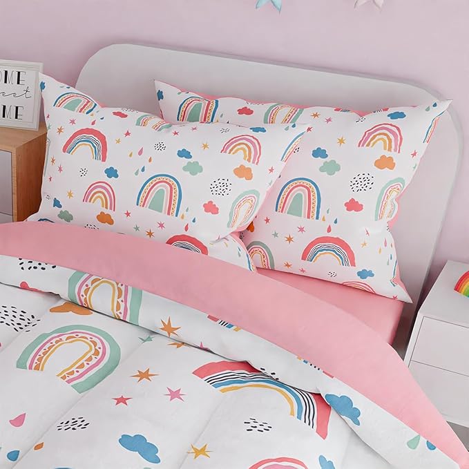 SANDJEST Rainbow Twin Bedding Set for Girls, Ultra Soft Microfiber Comforter Set Twin Size with 3-Pieces for Kids Teen, Bed Set Comforters for Bedroom Decor