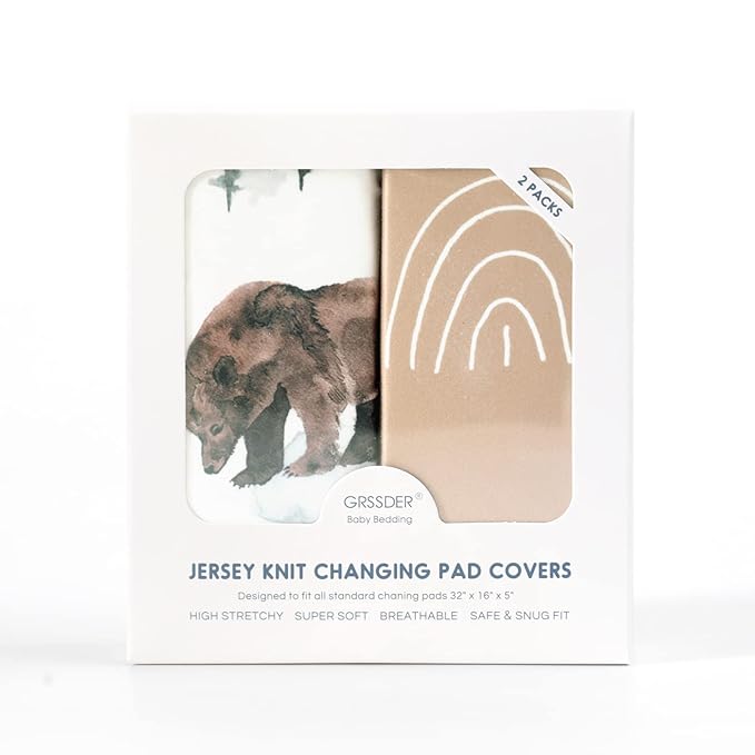GRSSDER Stretch Ultra Soft Jersey Knit Changing Pad Covers Set 2 Pack, Change Table Pad Covers Fit 32"/34" x 16" Pads Safe and Snug, Jungle Bear/Rainbow for Baby