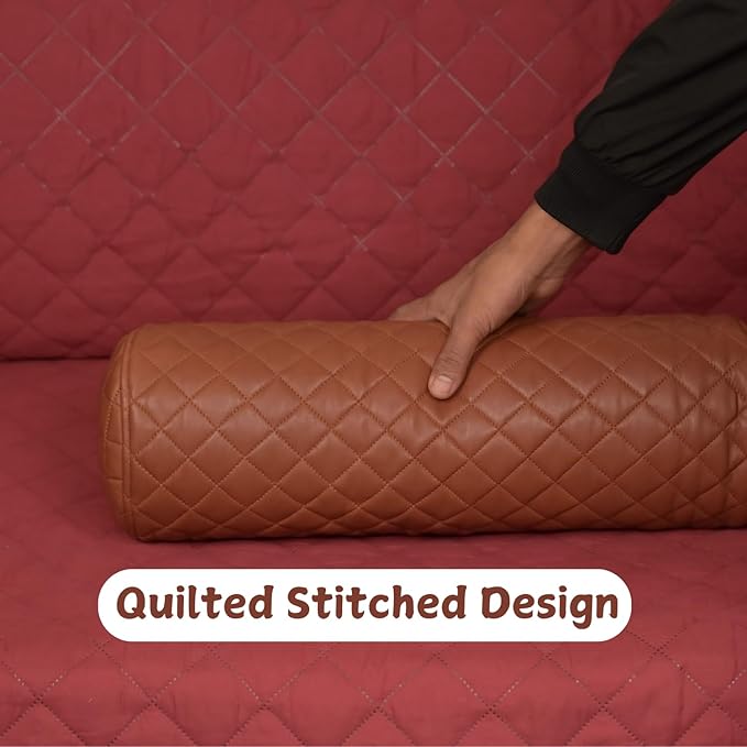 Neck Roll Pillow Cushion Cover, 24x6 Inch Full Moon Round Bolster Pillow Case, Cylinder Soft Lambskin Leather Pillowcase for Head, Spine & Neck Support During Sleep - Quilted Brown Pack of 2