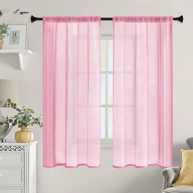 Sheer Curtains 54 Inches Long 2 Panels, Rod Pocket Short Curtain for Kitchen, Bedroom, Cafe Window(Pink 38" W x 54" L)