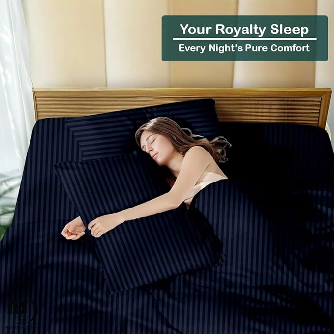 NON Sticky cotton Queen Size Sleeper Sofa Sheets, 4 Piece Egyptian Cotton Bed Sheet Set for Sofa Bed, 8" Deep Pocket for Pull Out Couch Mattress, 60" x 75", Navy Blue Stripe, Soft & Breathable