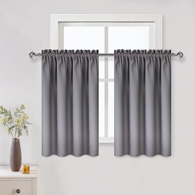 DWCN Blackout Curtains for Living Room Thermal Insulated, Energy Saving & Noise Reducing Bedroom Curtains, Grey, W 52x L 36 Inch, Set of 2 Rod Pocket Curtain Panels