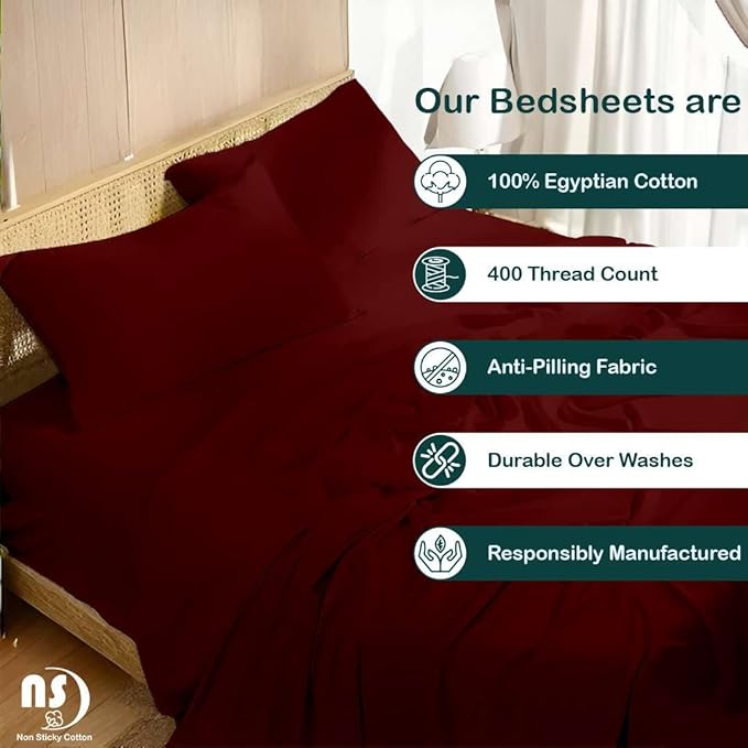 NON Sticky cotton Queen Size Sleeper Sofa Sheets, 4 Piece Egyptian Cotton Bed Sheet Set for Sofa Bed, 10" Deep Pocket for Pull Out Couch Mattress, 60" x 75", Burgundy Solid, Soft & Breathable