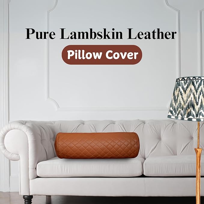 Neck Roll Pillow Cushion Cover, 24x7 Inch Full Moon Round Bolster Pillow Case, Cylinder Soft Lambskin Leather Pillowcase for Head, Spine & Neck Support During Sleep - Quilted Tan Pack of 1