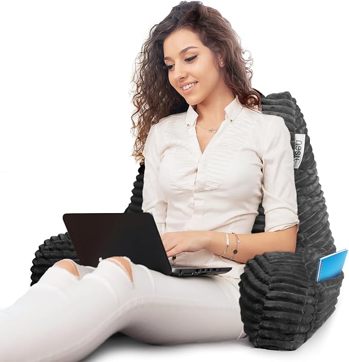 Nestl Reading Pillow with Shredded Memory Foam, Luxe Cut Plush Back Pillow for Sitting Up in Bed, Back and Arms Adjustable Support for Adult & Teens, Backrest Pillows with Washable Cover Dark Grey