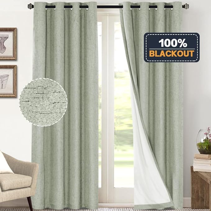 PrinceDeco Blackout Curtains 108 Inches Long 2 Panels 100% Blackout Linen Textured Curtains for Bedroom Extra Long Drapes for Living Room Thermal Insulated with White Liner，52 x 108 Inch,Sage