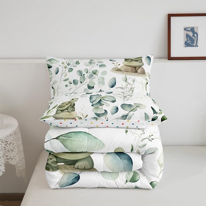 Erosebridal Kawaii Turtle Queen Size Comforter Set for Boys Girls Cartoon Animal Bedding Set, Eucalyptus Leaves Down Comforter Marine Wildlife Bed Set, Tropical Botanical Plants Quilted Duvet