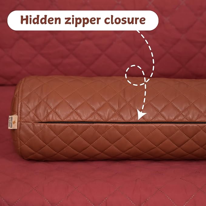 Neck Roll Pillow Cushion Cover, 20x6 Inch Full Moon Round Bolster Pillow Case, Cylinder Soft Lambskin Leather Pillowcase for Head, Spine & Neck Support During Sleep - Quilted Brown Pack of 2