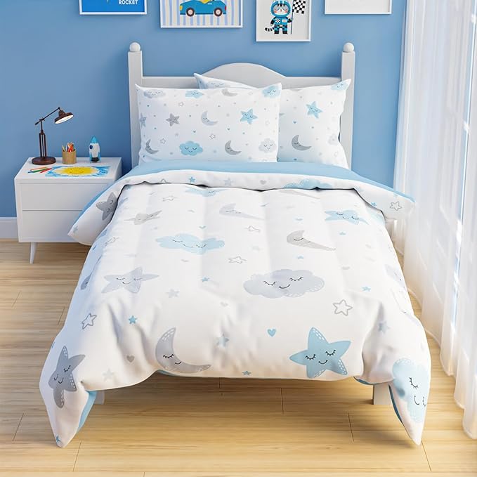 SANDJEST Star and Moon Comforter Set Twin Size 68x86in for Kids Boys Girls Unisex, Microfiber 3 Pcs Bedding Set Includes 1 Comforter, 1 Pillowcase, 1 Fitted Sheet, Nursery Room Decor