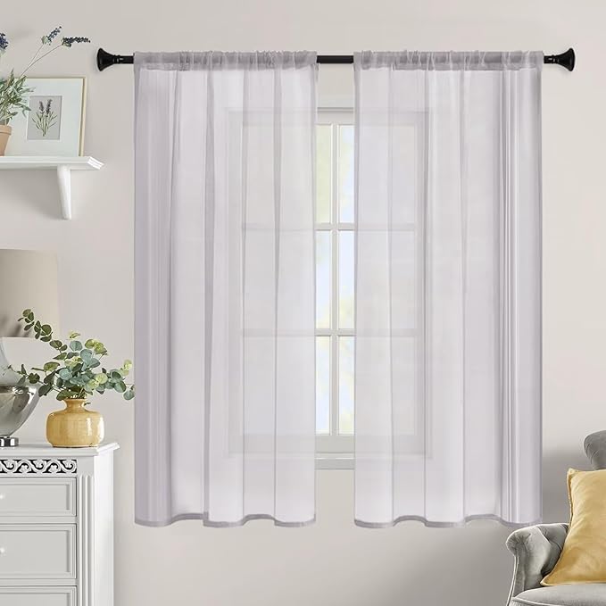 Sheer Curtains 72 Inches Long 2 Panels, Rod Pocket Short Curtain for Kitchen, Bedroom, Cafe Window(Light Grey 38" W x 72" L)
