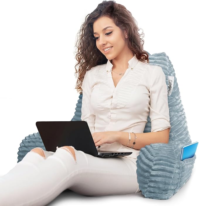 Hearth & Harbor Reading Pillow for Bed Adult – Back Pillow for Sitting in Bed, Standard Bed Pillows for Sitting Up in Bed, Foam Bed Chair Pillow, Stone Blue Bed Rest Pillow