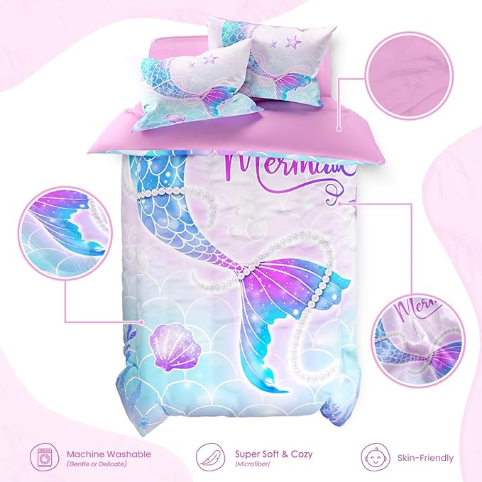 SANDJEST Mermaid Duvet Cover Sets Twin Size for Kids Girls, Include 1 Polyester Comforter Cover 68x86 Inches and 1 Pillowcase 20x26 Inches, Comforter Not Included, Gift for Christmas Birthday