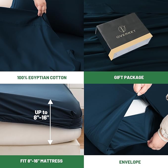 100% Egyptian Cotton Sheets King Size 4PCS 1000 Thread Count Sateen Weave Soft Breathable 16-Inch Deep Pocket （King,Navy）
