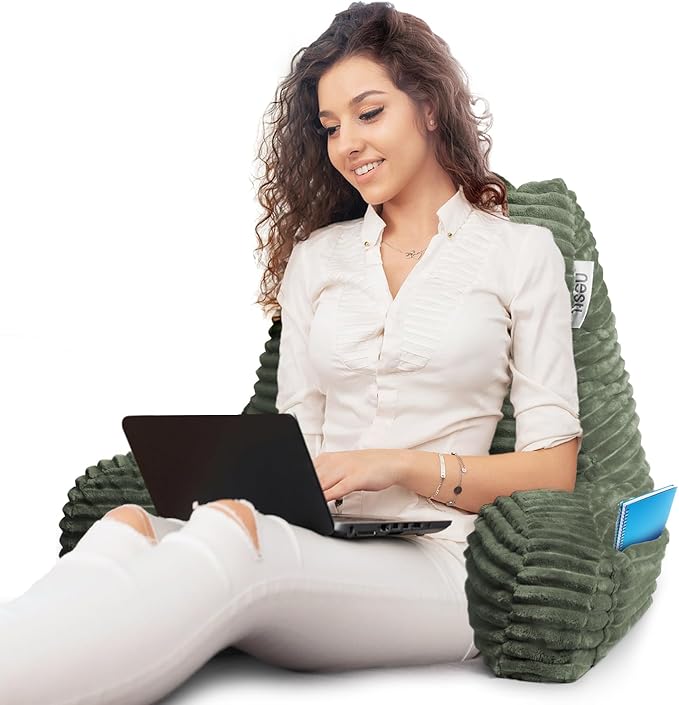 Nestl Reading Pillow with Shredded Memory Foam, Luxe Cut Plush Back Pillow for Sitting Up in Bed, Back and Arms Adjustable Support for Adult & Teens, Backrest Pillows with Washable Cover Olive Green