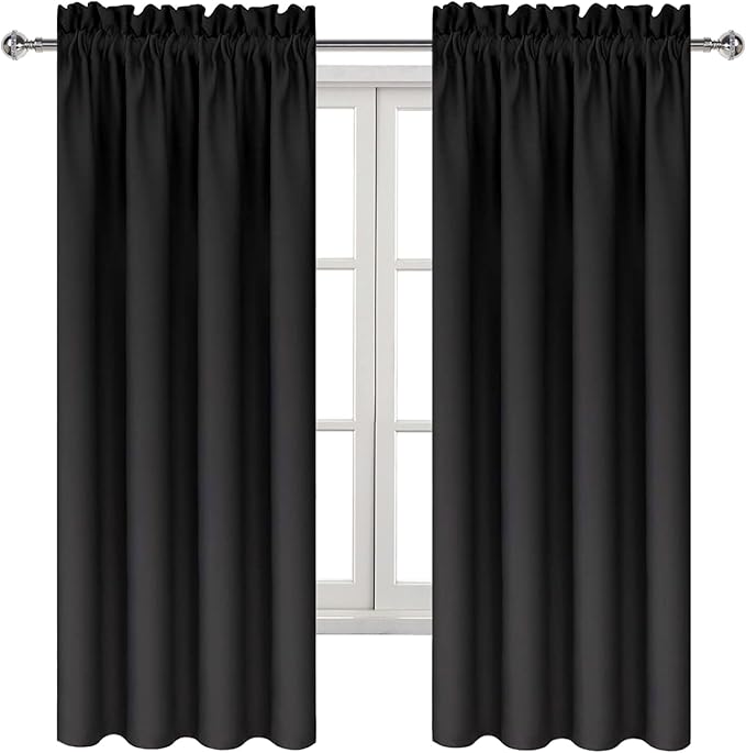DWCN Blackout Curtains for Bedroom - Thermal Insulated Privacy Energy Saving Rod Pocket Drapes for Living Room, W 38 x L 72 Inch, Black, Set of 2