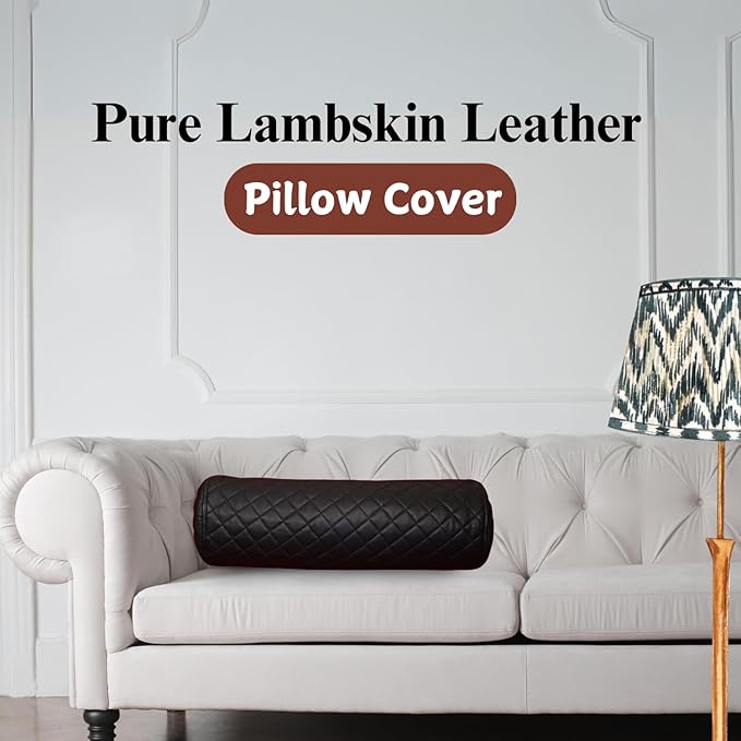 Neck Roll Pillow Cushion Cover, 18x7 Inch Full Moon Round Bolster Pillow Case, Cylinder Soft Lambskin Leather Pillowcase for Head, Spine & Neck Support During Sleep - Quilted Black Pack of 2