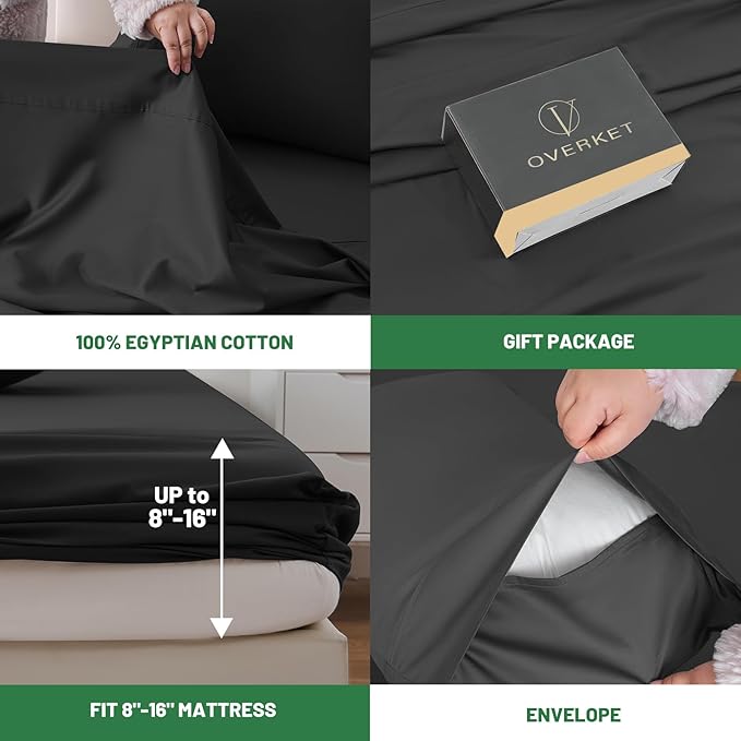 100% Egyptian Cotton Sheets Cal King Sheet Set 4PCS 1000 Thread Count Sateen Weave Soft Breathable 16-Inch Deep Pocket（California King,Black）