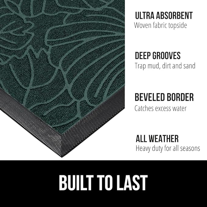 GORILLA GRIP 100% Waterproof All-Season WeatherMax Doormat US Designed Natural Rubber, Stain and Fade Resistant, Low Profile Indoor Outdoor Door Mats, Easy Clean Patio Mat, 17x29, Green Palm