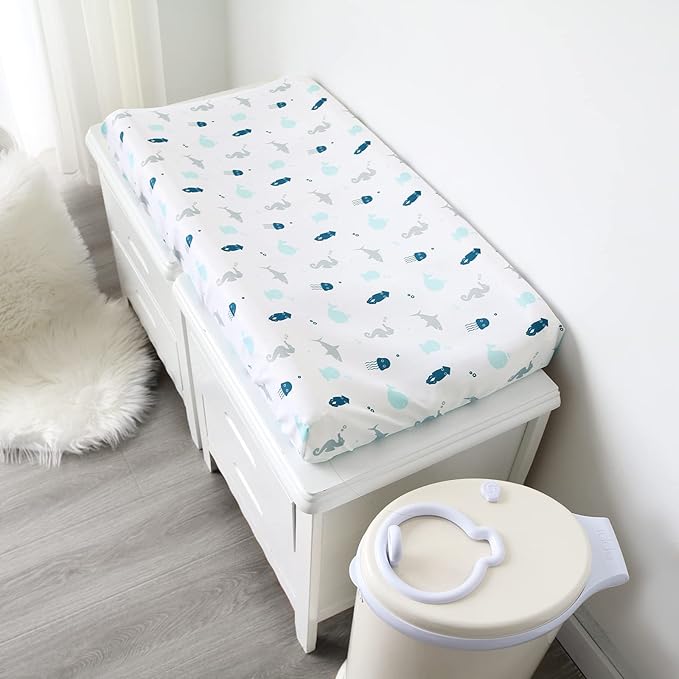 Changing Pad Cover for Boys Girls 2 Pack, Comfy & Breathable Changing Table Cover for 32''x16" Changing Table Pads, Diaper Changing Pad Cover, Dinosaurs & Ocean