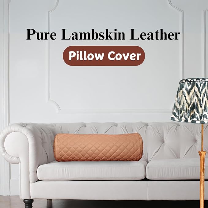 Neck Roll Pillow Cushion Cover, 24x5 Inch Full Moon Round Bolster Pillow Case, Cylinder Soft Lambskin Leather Pillowcase for Head, Spine & Neck Support During Sleep - Quilted Beige Pack of 2