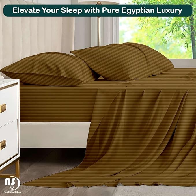 NON Sticky cotton Twin Size Sleeper Sofa Sheets, 4 Piece Egyptian Cotton Bed Sheet Set for Sofa Bed, 8" Deep Pocket for Pull Out Couch Mattress, 39" x 75", Taupe Stripe, Soft & Breathable