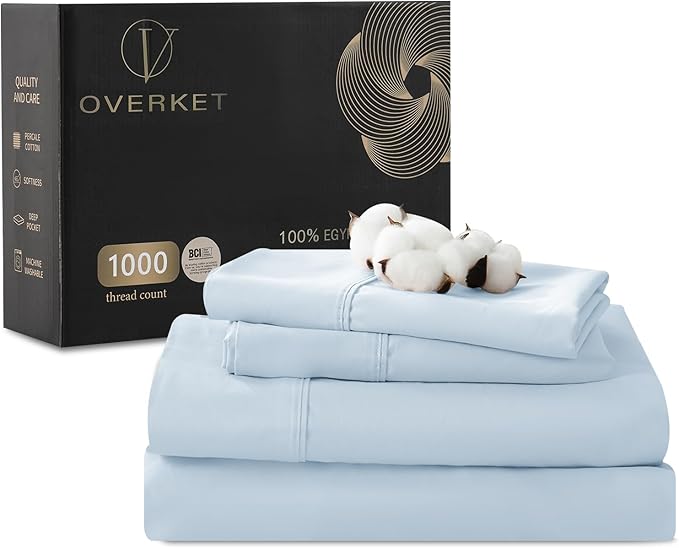 100% Egyptian Cotton Sheets Cal King Sheet Set 1000 Thread Count Sateen Weave Soft Breathable 16-Inch Deep Pocket 4PCS（California King,Light Blue）