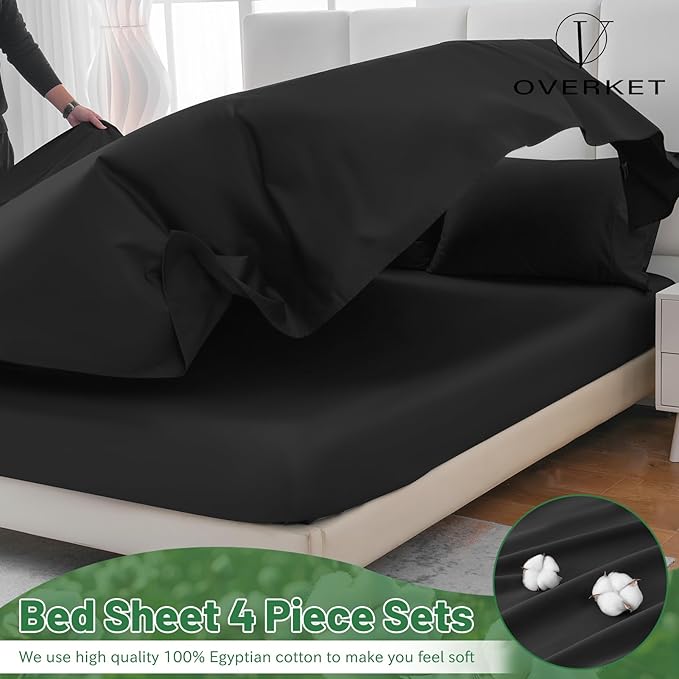 100% Egyptian Cotton Sheets Cal King Sheet Set 4PCS 1000 Thread Count Sateen Weave Soft Breathable 16-Inch Deep Pocket（California King,Black）