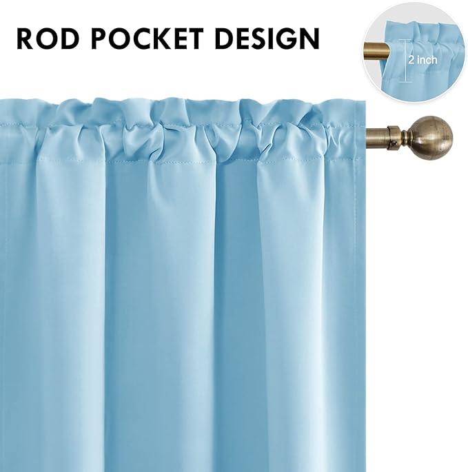 DWCN Blackout Curtains for Bedroom - Thermal Insulated Privacy Energy Saving Rod Pocket Drapes for Living Room, W 38 x L 72 Inch, Light Blue, Set of 2