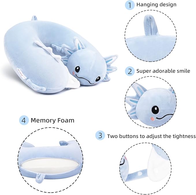 Niuniu Daddy Blue Axolotl Kids Travel Pillow Road Trip Essentials for 3-8 Y/O, Soft Memory Foam Kids Neck Pillow for Airplane Car Travel Portable Cervical Pillow with Boys Girls for Long Trip