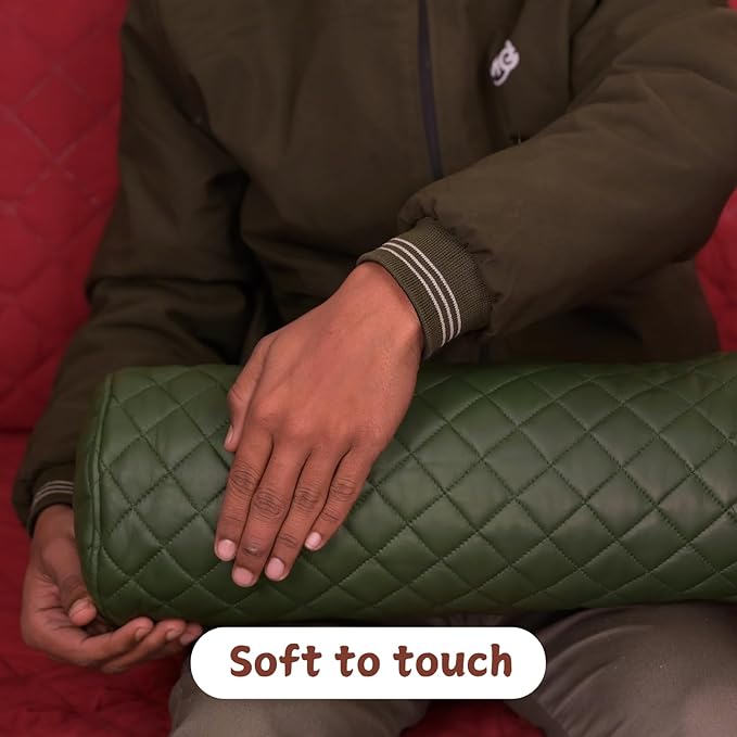 Neck Roll Pillow Cushion Cover, 14x6 Inch Full Moon Round Bolster Pillow Case, Cylinder Soft Lambskin Leather Pillowcase for Head, Spine & Neck Support During Sleep - Quilted Dark Green Pack of 1