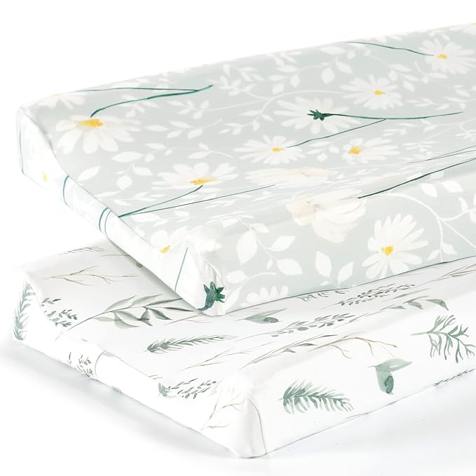 GRSSDER Stretch Ultra Soft Jersey Knit Changing Pad Cover Set 2 Pack, Change Table Pad Covers Fit 32"/34" x 16" Pads Safe and Snug, Pretty Watercolor Daisy Flowers for Baby Girls