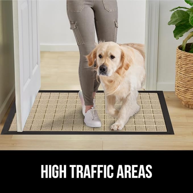 GORILLA GRIP 100% Waterproof All-Season WeatherMax Doormat US Designed Natural Rubber, Stain and Fade Resistant, Low Profile Indoor Outdoor Door Mats, Easy Clean Patio Mat, 23x35, Taupe Grid