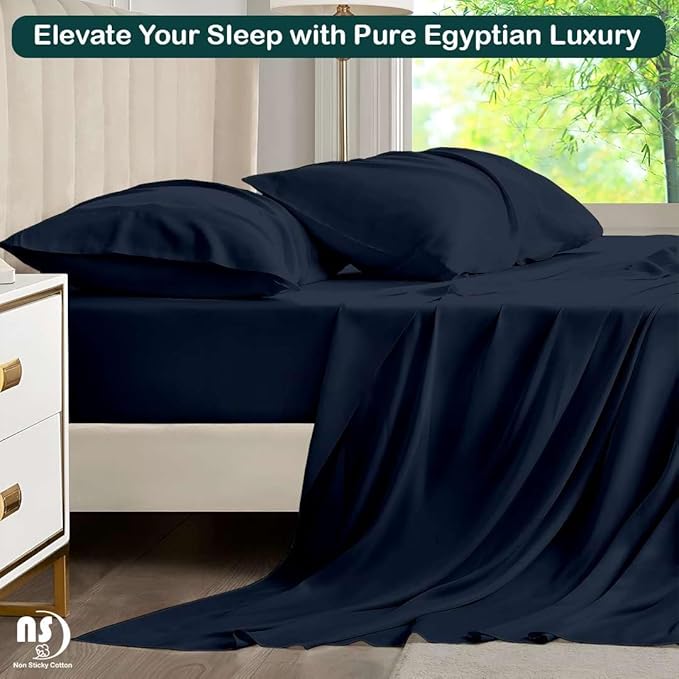 NON Sticky cotton Full Size Sleeper Sofa Sheets, 4 Piece Egyptian Cotton Bed Sheet Set for Sofa Bed, 7" Deep Pocket for Pull Out Couch Mattress, 54" x 75", Navy Blue Solid, Soft & Breathable