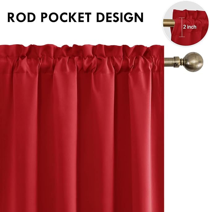 DWCN Blackout Curtains for Living Room Thermal Insulated, Energy Saving & Noise Reducing Bedroom Curtains, Red, W 70x L 63 Inch, Set of 2 Rod Pocket Curtain Panels