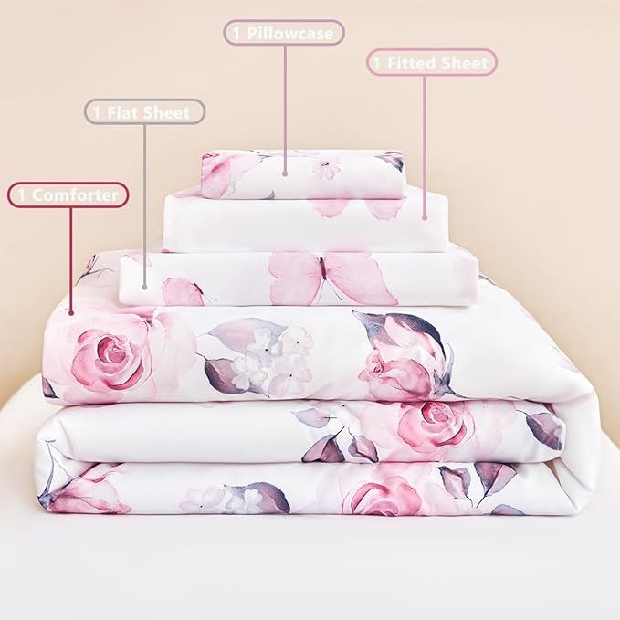 PERFEMET Floral Toddler Bedding 4-Piece Pink Flower Toddler Girls Comforter with Sheet Set Reversible Butterfly Kid Bed Sets-Comforter, Fitted Sheet,Flat Sheet,Pillowcase