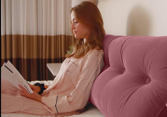 Triangular Reading Bed Rest Pillow Large Bolster Cushion Headboard Backrest Wedge Pillow with Removable Cover and Two Large Side Pockets (Pink, Twin: 39 x 8 x 20 inches)