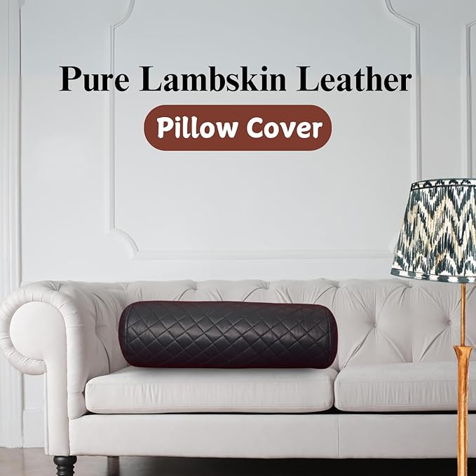 Neck Roll Pillow Cushion Cover, 20x6 Inch Full Moon Round Bolster Pillow Case, Cylinder Soft Lambskin Leather Pillowcase for Head, Spine & Neck Support During Sleep - Quilted Gun Metal Blue Pack of 1