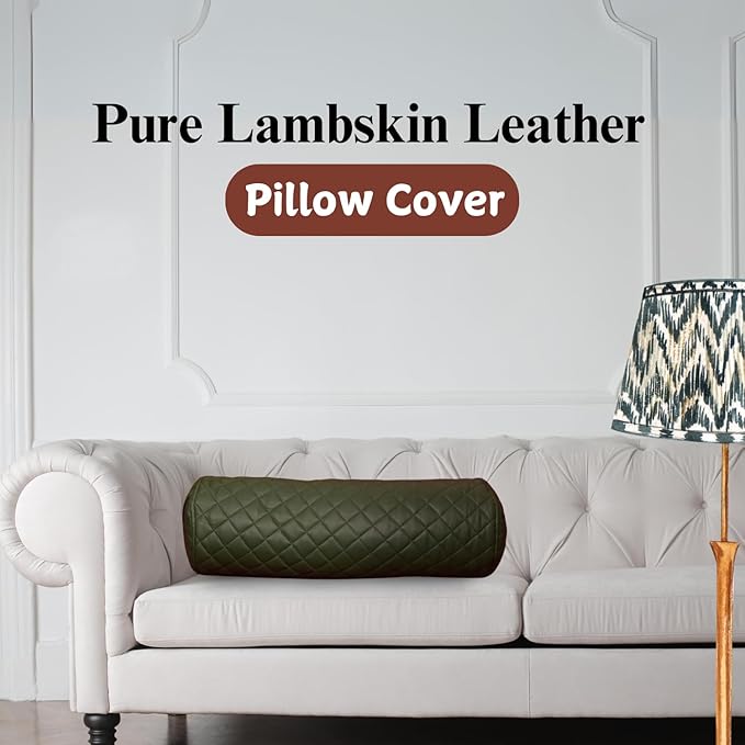 Neck Roll Pillow Cushion Cover, 20x7 Inch Full Moon Round Bolster Pillow Case, Cylinder Soft Lambskin Leather Pillowcase for Head, Spine & Neck Support During Sleep - Quilted Dark Green Pack of 1