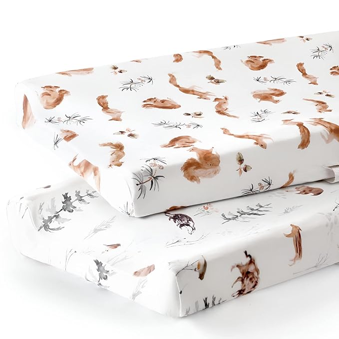 GRSSDER Stretch Ultra Soft Jersey Knit Changing Pad Cover Set 2 Pack, Change Table Pad Covers Fit 32"/34" x 16" Pads Safe and Snug, Pretty Pattern for Boys and Girls, Cute Jungle Squirrels and Animals