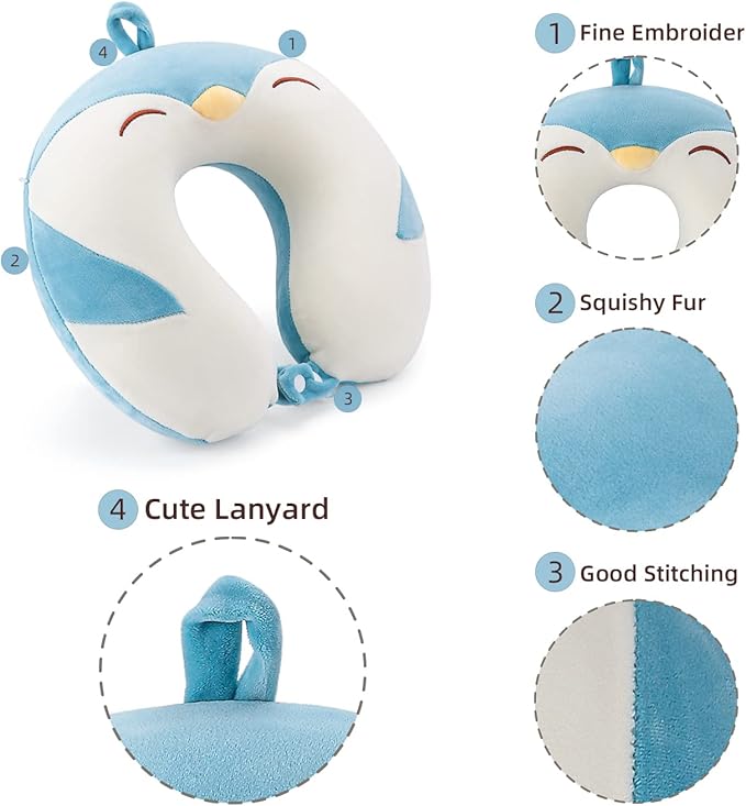 Niuniu Daddy Travel Neck Pillow - Pure Memory Foam Neck Support for Airplane, Car, Train Travel - Penguin Design for Kids 8+, Teens and Adults