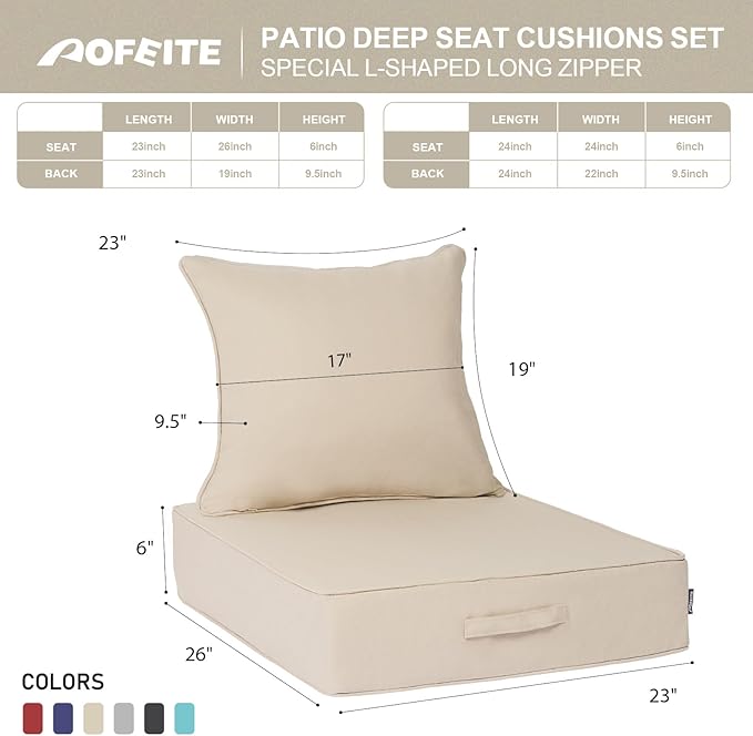 Outdoor Olefin Water-Resistant Deep Seat Cushion Set, 2PCS Weather and Fade Resistant 23''x 26''x 6'' Patio Furniture Seat Cushion, Thickened Sofa Chair Pad for Lawn, Garden, Beige