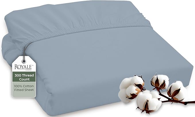 ROYALE LINENS 300 Thread Count 100% Long Staple Combed Cotton Fitted Sheet King - Super Soft Deep Pocket Bottom Sheet - Fitted Sheets Only - Elastic Sheets (King, Lake Blue)