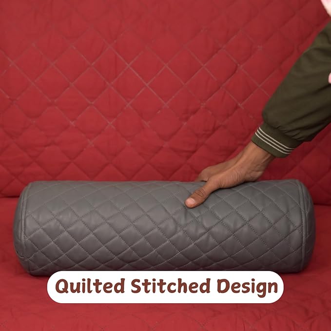 Neck Roll Pillow Cushion Cover, 24x6 Inch Full Moon Round Bolster Pillow Case, Cylinder Soft Lambskin Leather Pillowcase for Head, Spine & Neck Support During Sleep - Quilted Grey Pack of 1