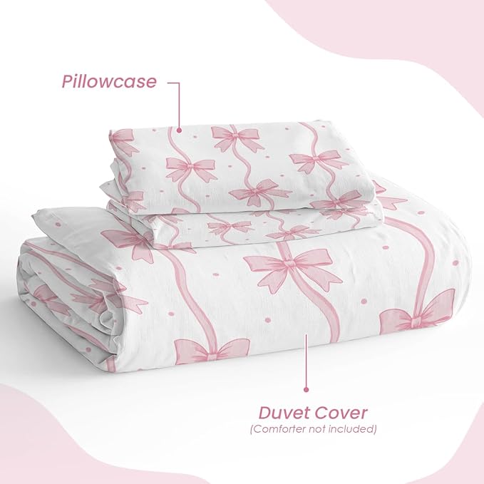 SANDJEST Bow Duvet Cover Sets Full Size for Kids Girls, Incude 1 Polyester Comforter Cover 80x90 Inches and 2 Pillowcases 20x26 Inches, Comforter Not Included, Gift for Christmas Birthday