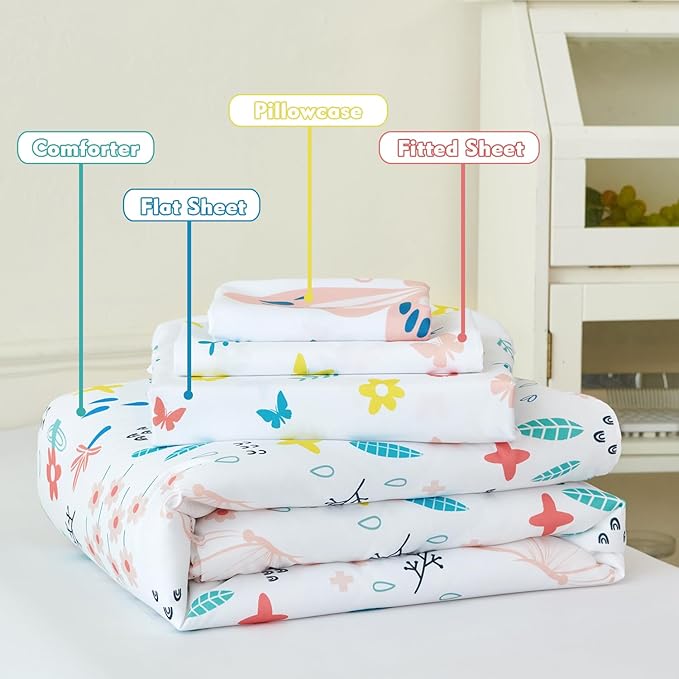 PERFEMET 5 Pieces Girls Bed in A Bag Full Size Reversible Pink Flowers Butterfly Comforter Set with Sheet Soft Lightweight Botanical Floral Bedding Set for Kids Teen(White, Full)