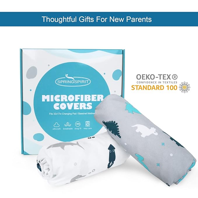 Changing Pad Cover for Boys Girls 2 Pack, Comfy & Breathable Changing Table Cover for 32''x16" Changing Table Pads, Diaper Changing Pad Cover, Dinosaurs & Ocean